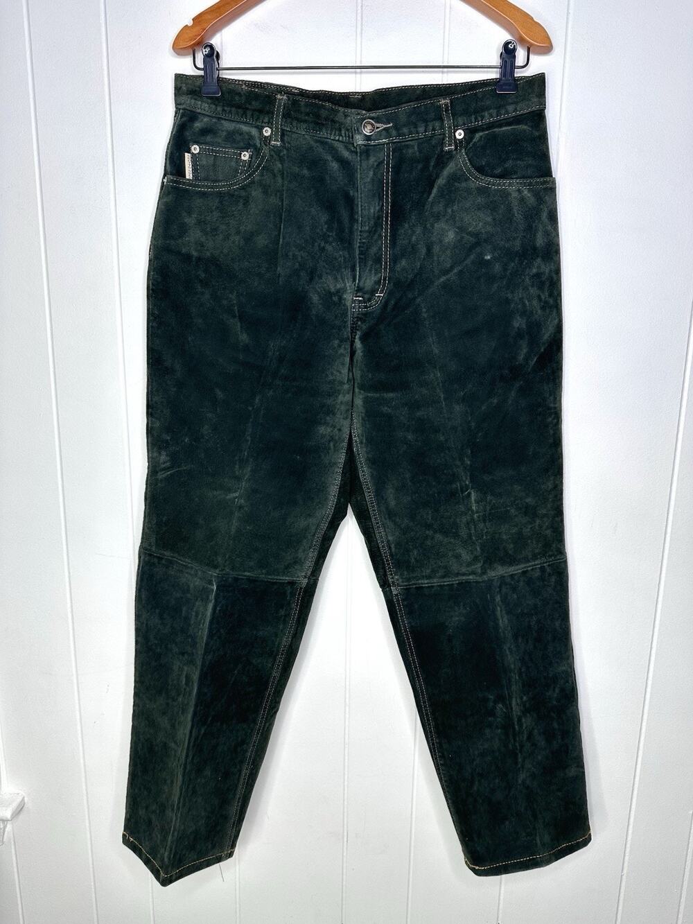 Skotts Suede Pants Green Leather Straight Leg Pants Cotton Lined Men’s 33-34x28